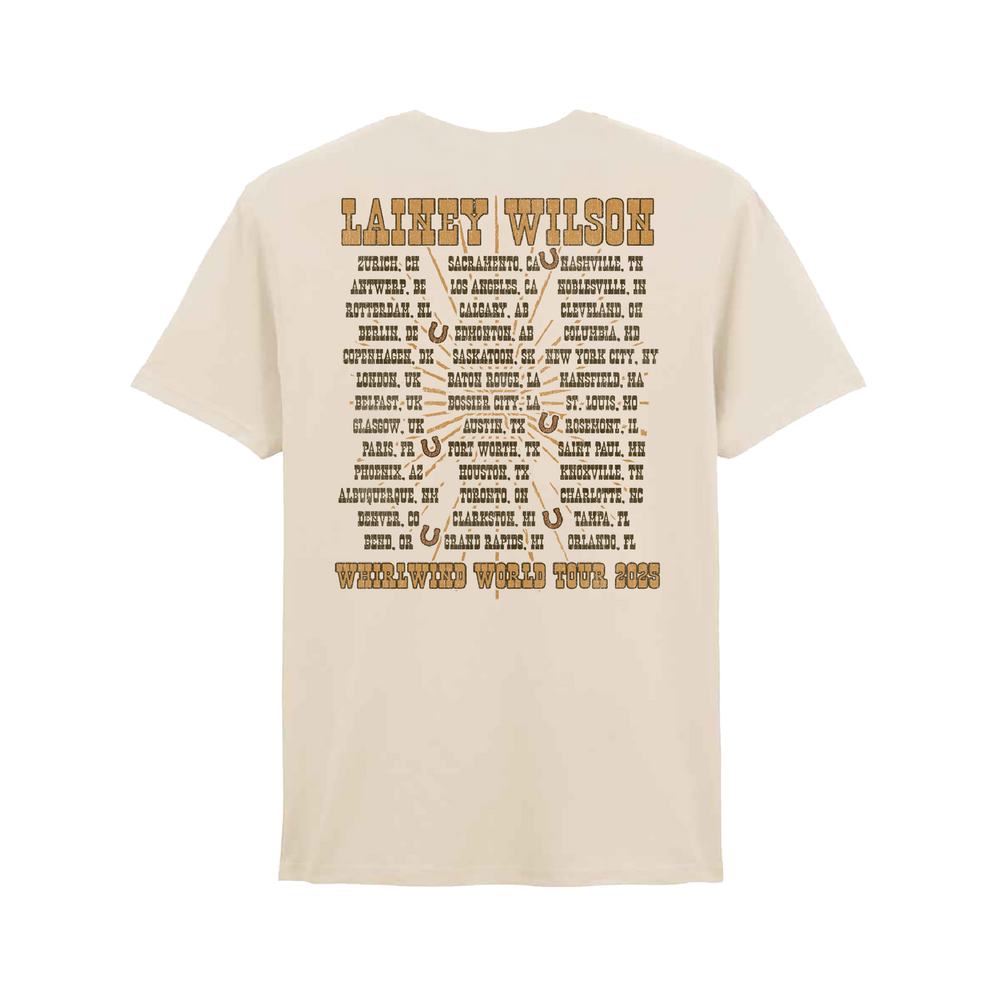 Cream-colored cotton t-shirt featuring a vintage-style tour map design with brown text and horseshoe graphics for lainey wilson’s 2023 world tour.