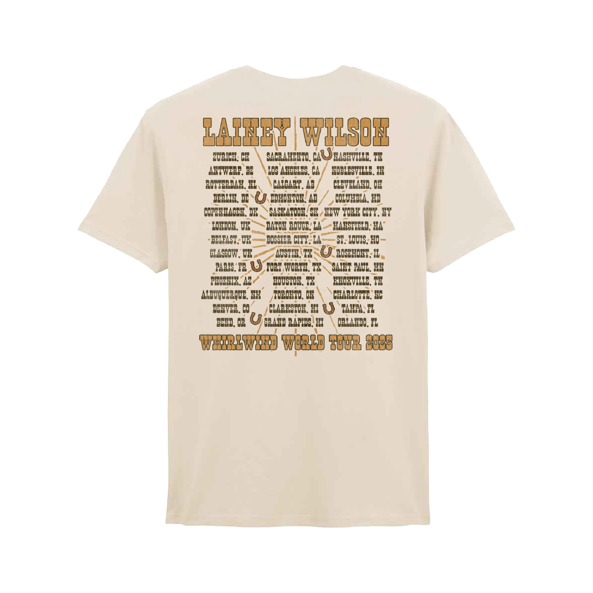 Cream-colored cotton t-shirt featuring a vintage-style tour map design with brown text and horseshoe graphics for lainey wilson’s 2023 world tour.
