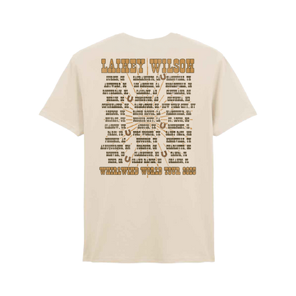 Cream-colored cotton t-shirt featuring a vintage-style tour map design with brown text and horseshoe graphics for lainey wilson’s 2023 world tour.