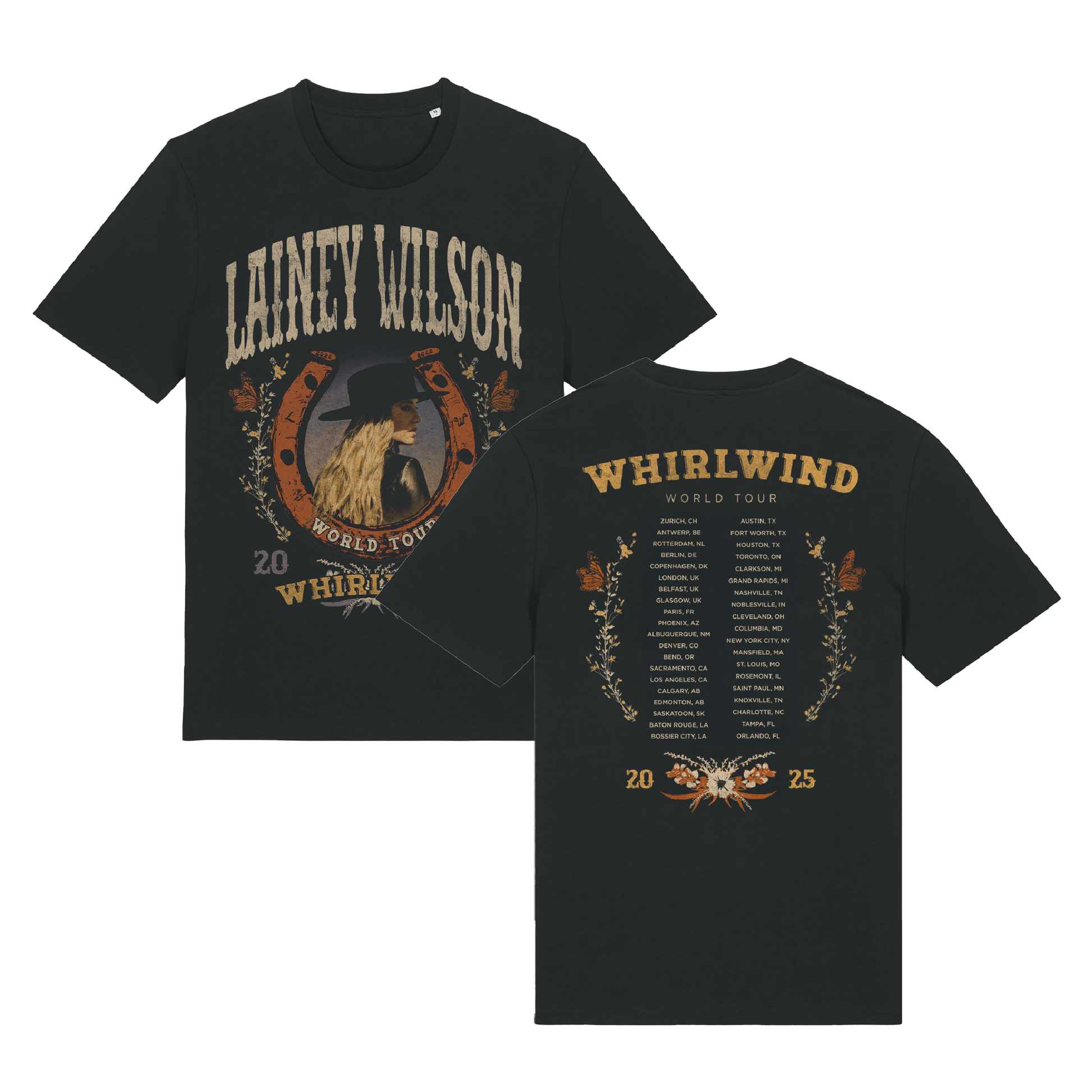 Black cotton t-shirt featuring a vintage-style graphic of lainey wilson in a hat within an ornate horseshoe design on the front, and her ’whirlwind world tour’ itinerary printed across the back.