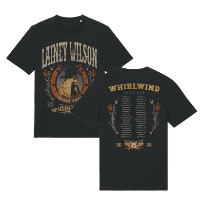 Black cotton t-shirt featuring a vintage-style graphic of lainey wilson in a hat within an ornate horseshoe design on the front, and her ’whirlwind world tour’ itinerary printed across the back.