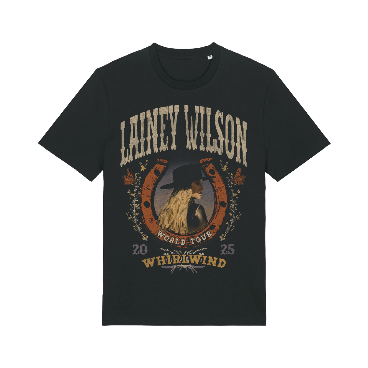 Black cotton t-shirt featuring a vintage-style graphic of lainey wilson in a hat, framed by an ornate horseshoe design with ’world tour 2025 whirlwind’ text.