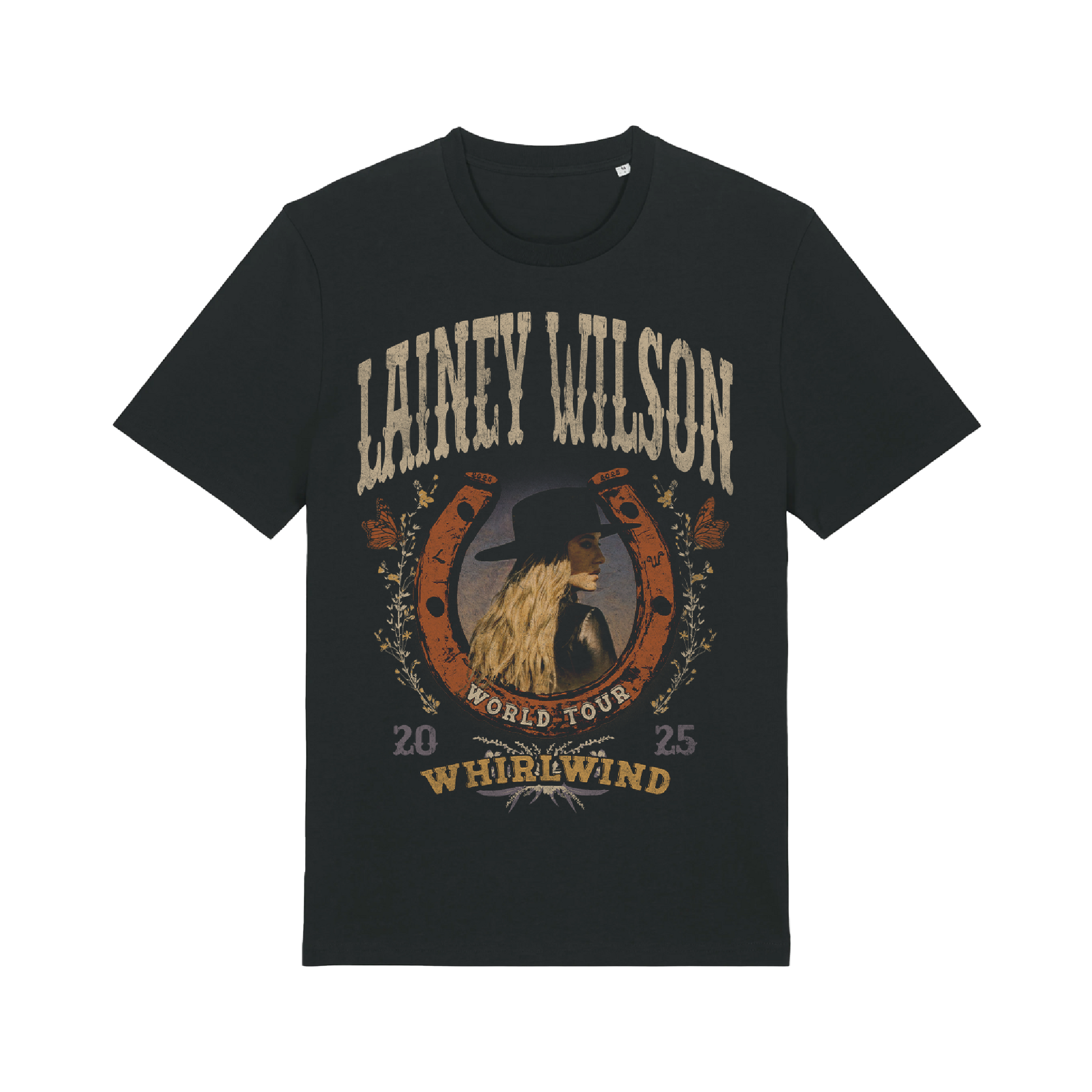 Black cotton t-shirt featuring a vintage-style graphic of lainey wilson in a hat, framed by an ornate horseshoe design with ’world tour 2025 whirlwind’ text.