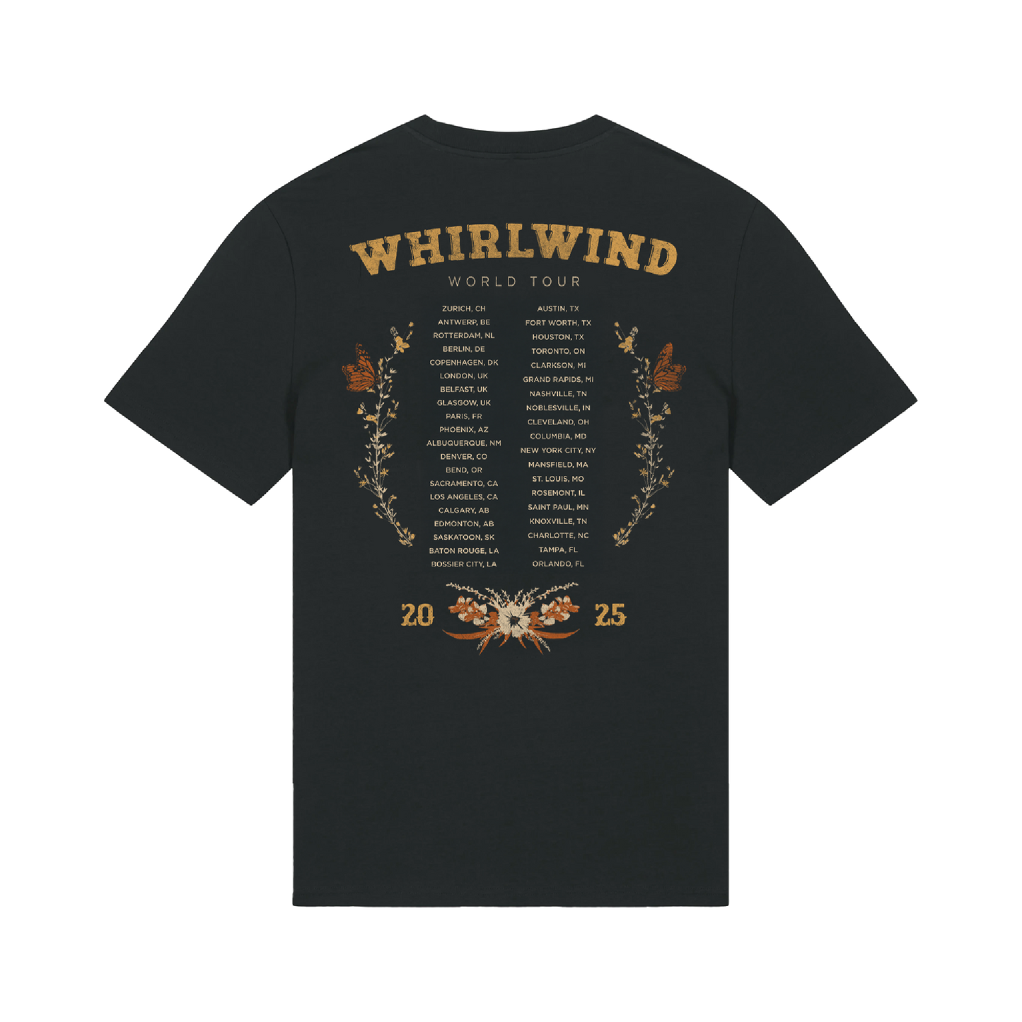 Dark gray t-shirt featuring a gold-embossed ’whirlwind world tour’ design with city names and floral motifs.