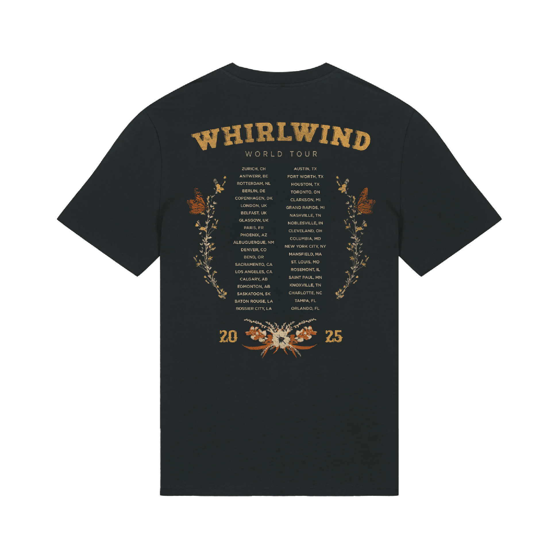 Dark gray t-shirt featuring a gold-embossed ’whirlwind world tour’ design with city names and floral motifs.