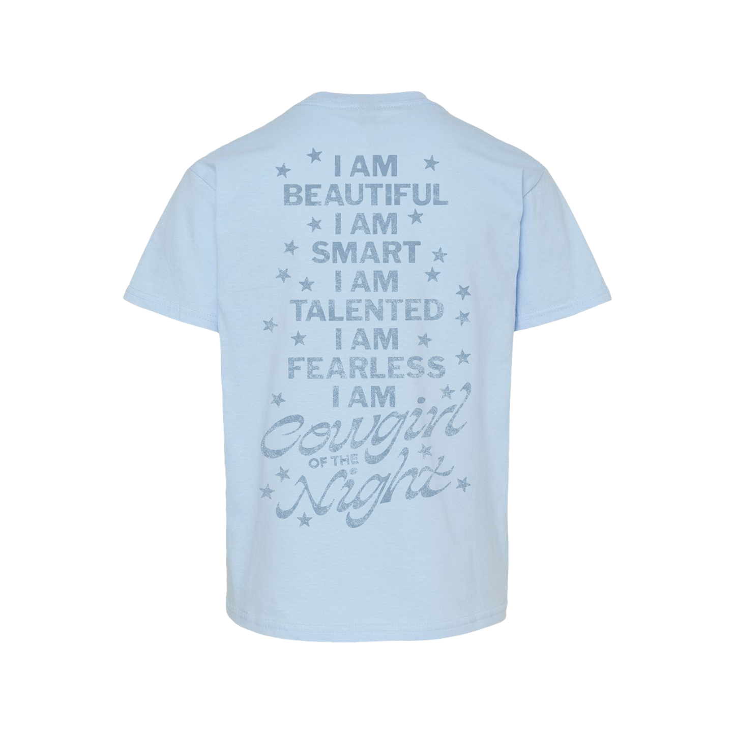Light blue youth t-shirt with silver glitter cowgirl of the night print and stars official lainey wilson uk merch