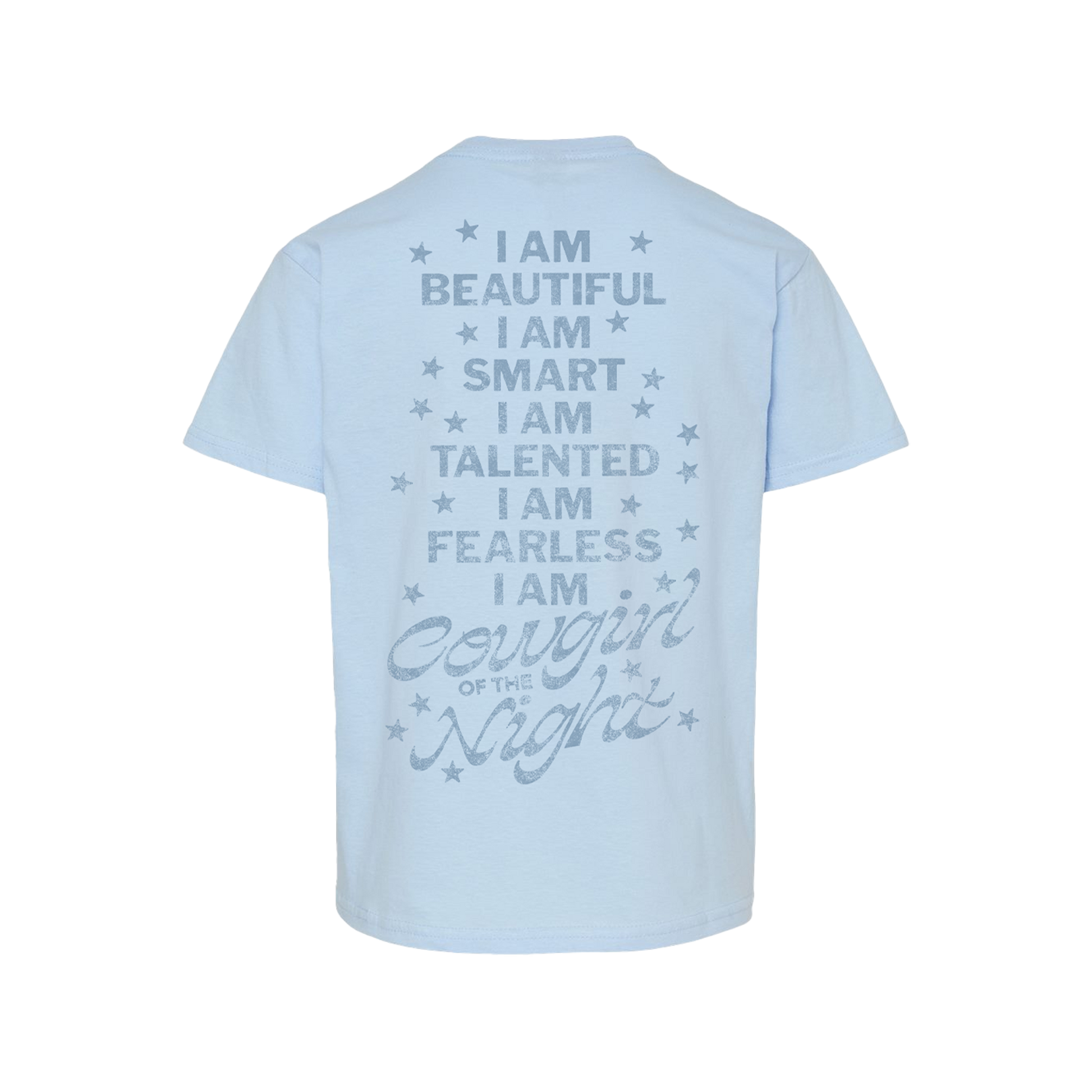 Light blue youth t-shirt with silver glitter cowgirl of the night print and stars official lainey wilson uk merch