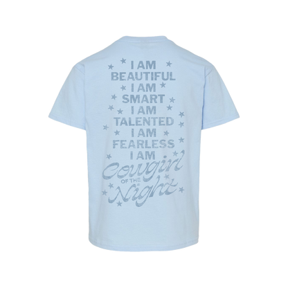 Light blue youth t-shirt with silver glitter cowgirl of the night print and stars official lainey wilson uk merch