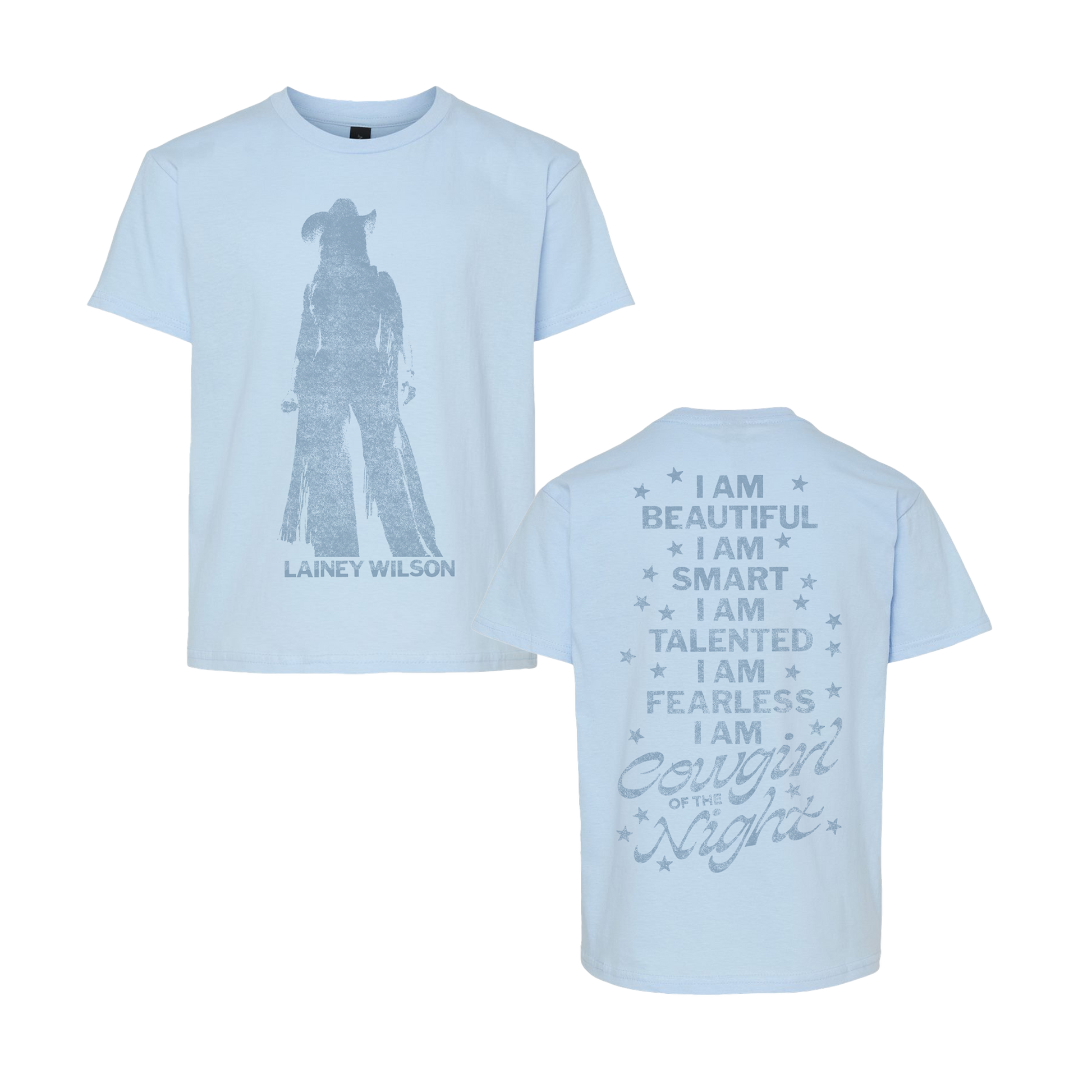 Light blue cotton i am cowgirl of the night youth t-shirt with cowboy silhouette front and silver glitter text back from lainey wilson uk merch