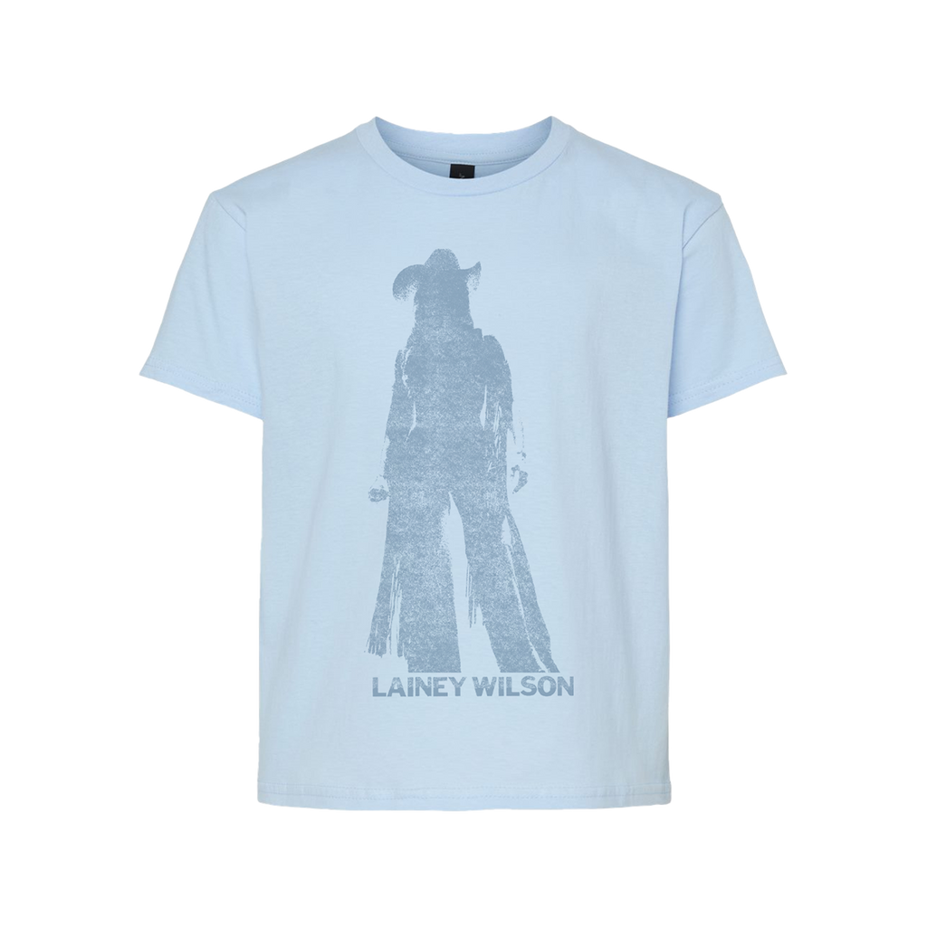 Light blue cotton i am cowgirl of the night youth t-shirt with faded gray cowboy silhouette from Lainey Wilson UK merch