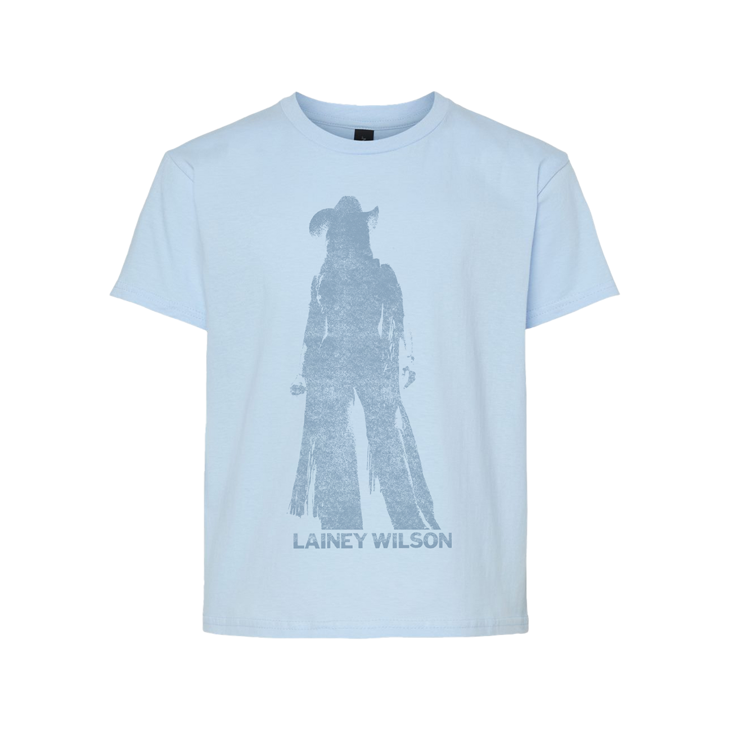 Light blue cotton i am cowgirl of the night youth t-shirt with faded gray cowboy silhouette from Lainey Wilson UK merch