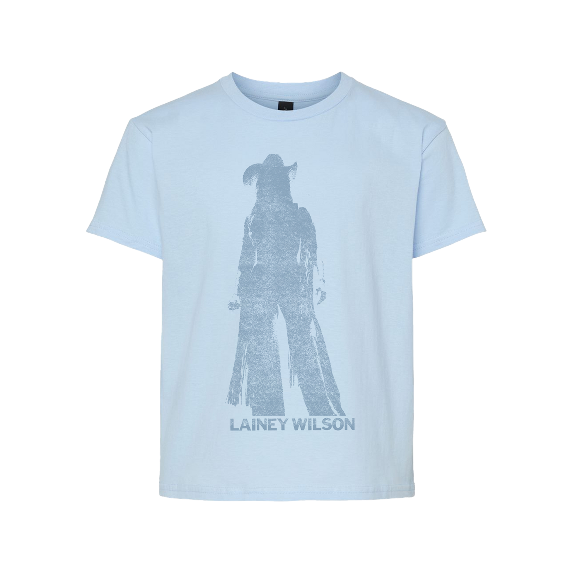 Light blue cotton i am cowgirl of the night youth t-shirt with faded gray cowboy silhouette from Lainey Wilson UK merch