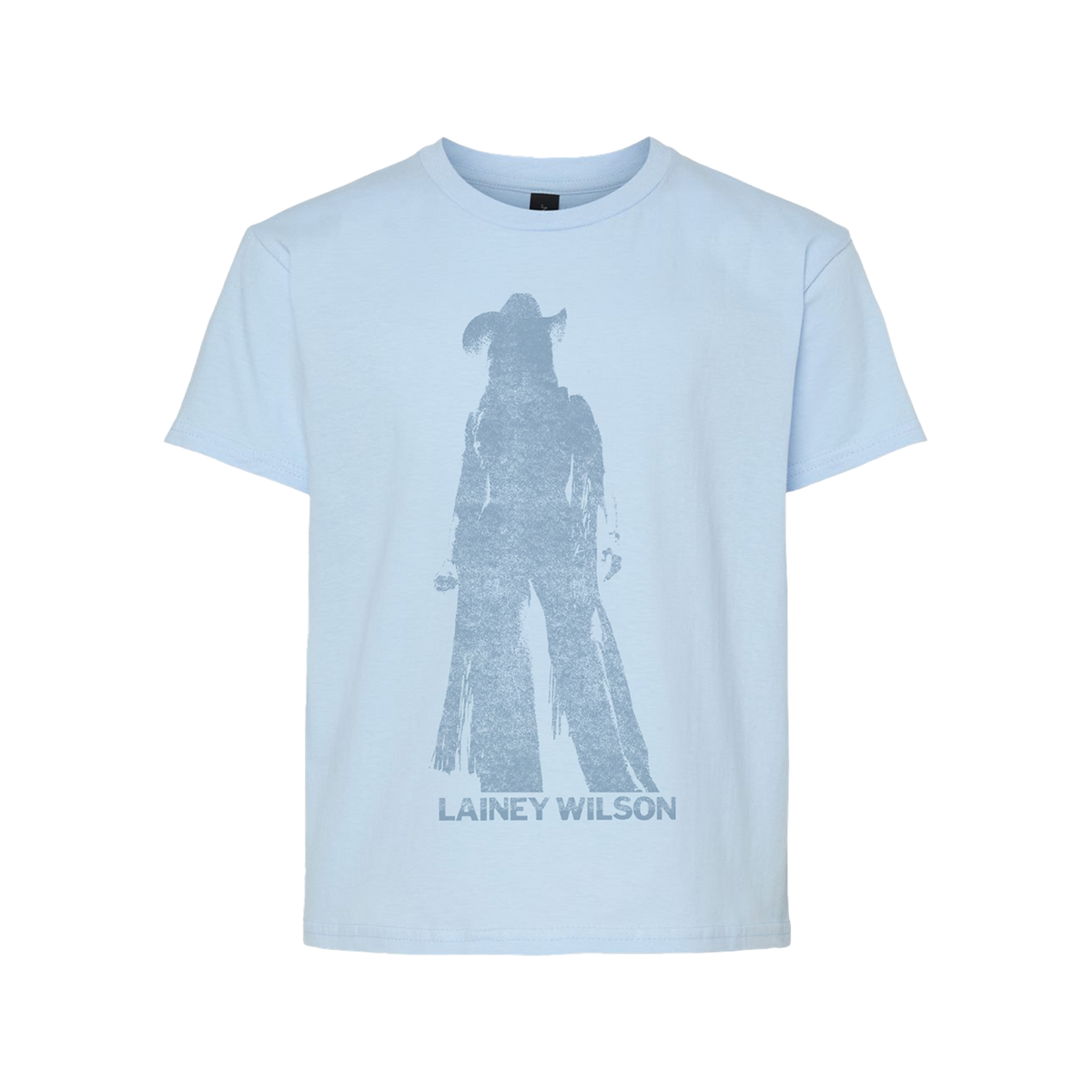 Light blue cotton i am cowgirl of the night youth t-shirt with faded gray cowboy silhouette from Lainey Wilson UK merch