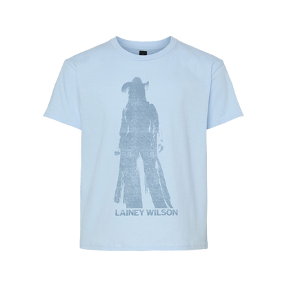 Light blue cotton i am cowgirl of the night youth t-shirt with faded gray cowboy silhouette from Lainey Wilson UK merch
