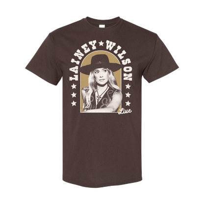 Brown t-shirt featuring a retro-style portrait of a woman wearing a hat, with ’LAINEY WILSON’ text above.