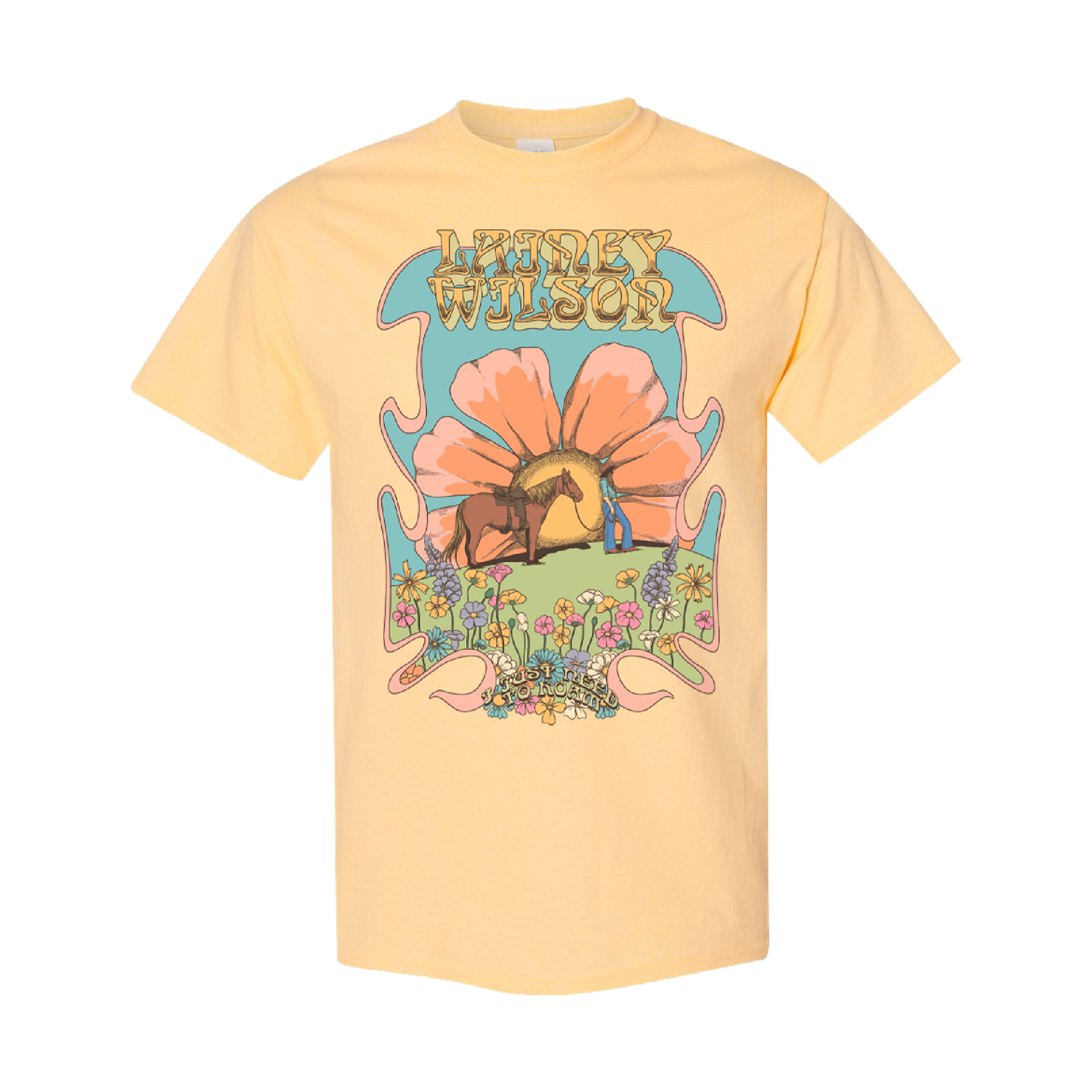 A pale yellow short-sleeved t-shirt featuring a psychedelic graphic of a horse under an orange flower with the text ’lainey wilson’ above it.