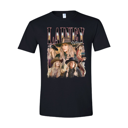 Black cotton t-shirt featuring a graphic print of country music artist lainey wilson in multiple cowboy hat styles with her name prominently displayed above.