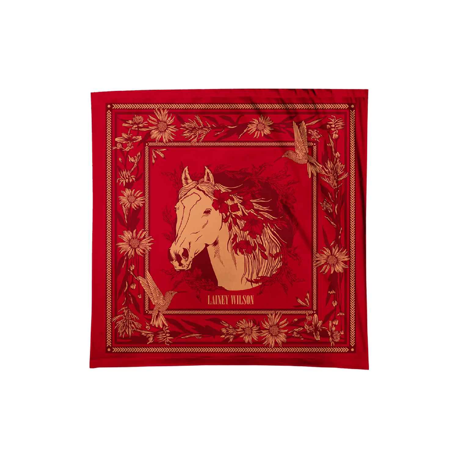Red silk scarf featuring a gold-embossed horse head surrounded by floral and bird motifs, with ’laney wilson’ printed below.