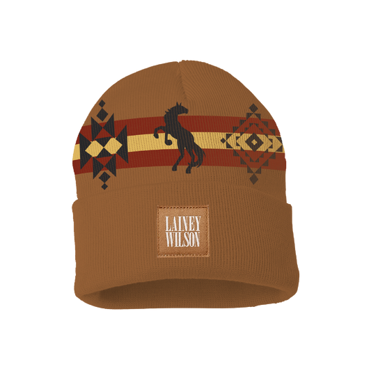 Tan knit beanie featuring a bold red and yellow stripe with black geometric patterns, accented by a central black horse silhouette.