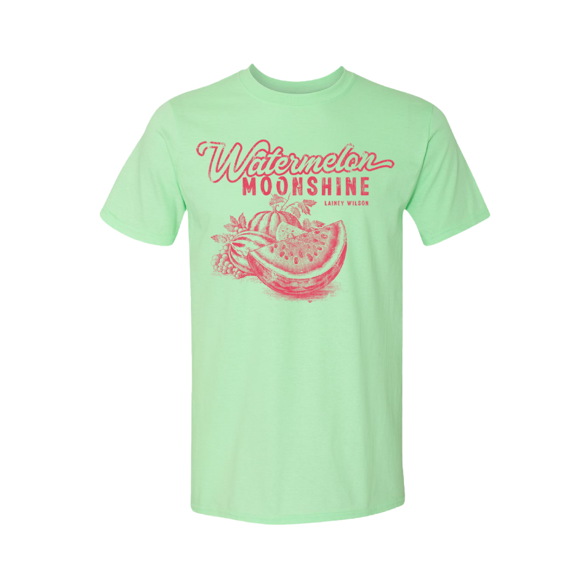 Mint green t-shirt with ’Watermelon Moonshine’ text and watermelon graphic in pink.
