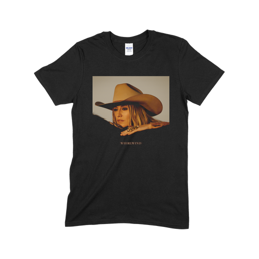 Black t-shirt featuring a printed image of a person wearing a cowboy hat.