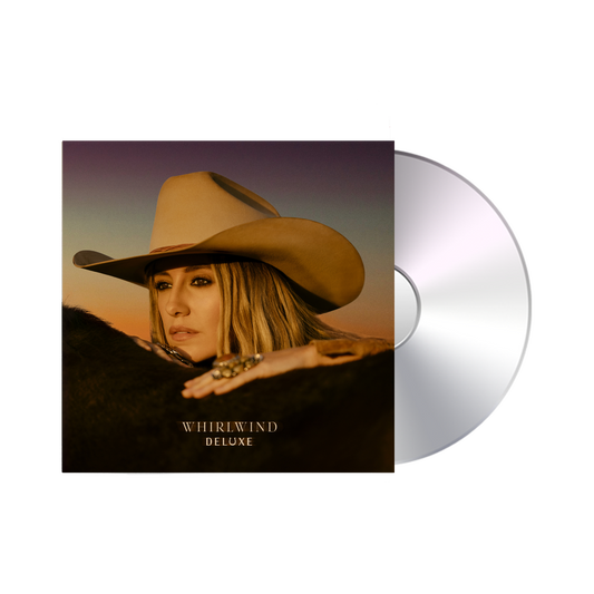 Deluxe edition cd album cover featuring a woman in a tan cowboy hat against a sunset backdrop, with the title ’whirlwind’ printed below.