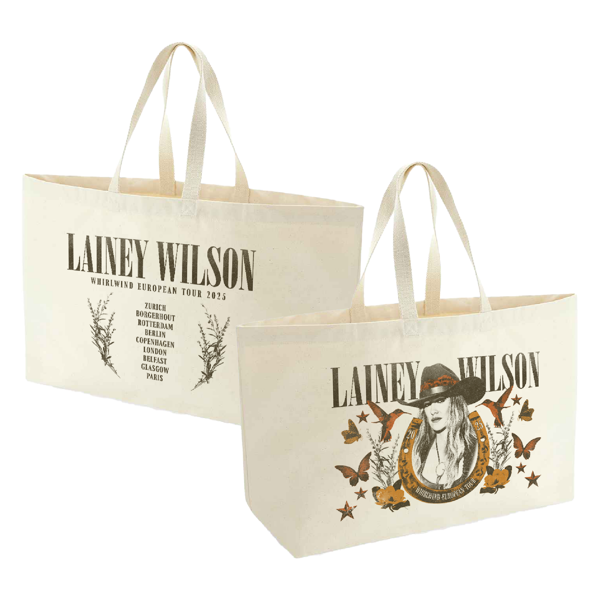 Cream-colored canvas tote bags featuring lainey wilson’s ’whirlwind european tour 2023’’ branding with a graphic of her in a hat surrounded by butterflies and stars.