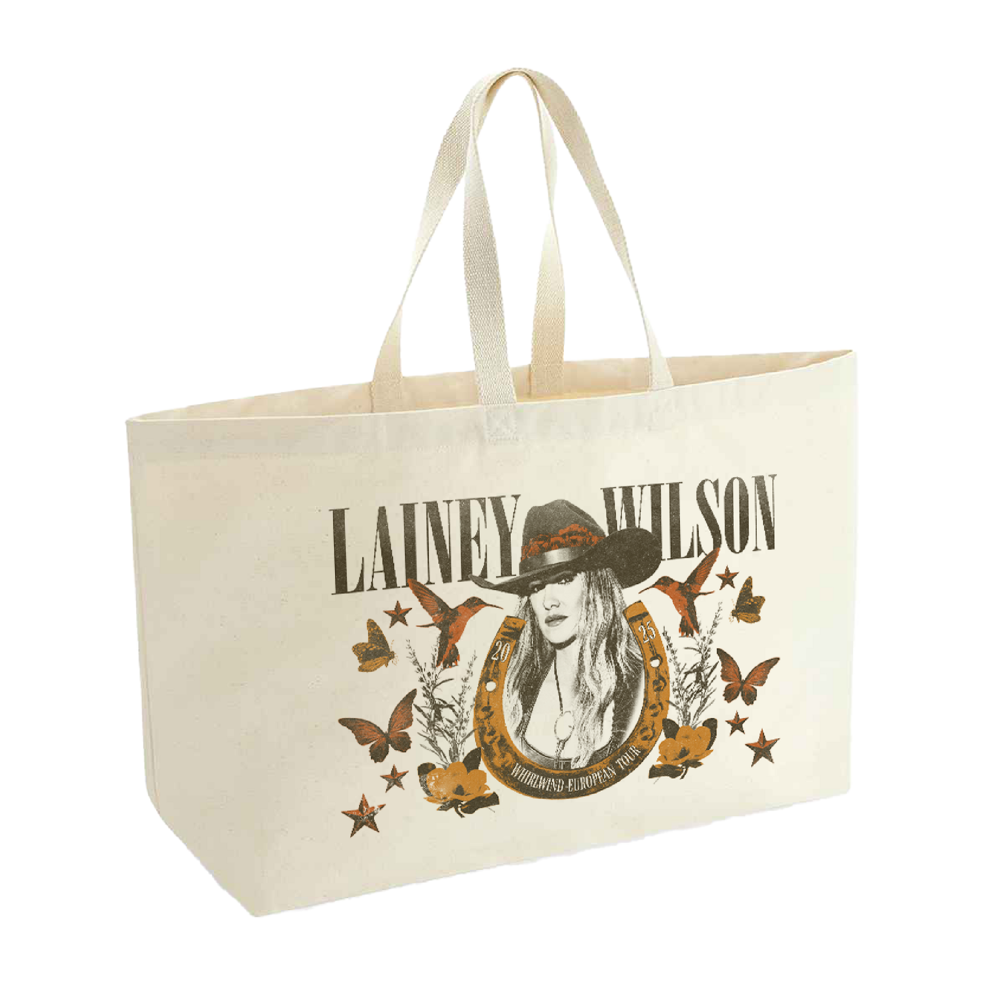 Cream-colored canvas tote bag featuring a printed design of lainey wilson in a hat, surrounded by butterflies and stars.