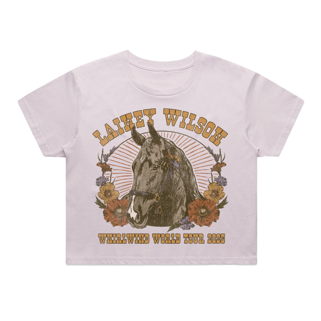 White cotton t-shirt featuring a vintage-style graphic of a horse surrounded by flowers and the text ’lainey wilson’ above and ’whirlwind world tour 2023’’ below.