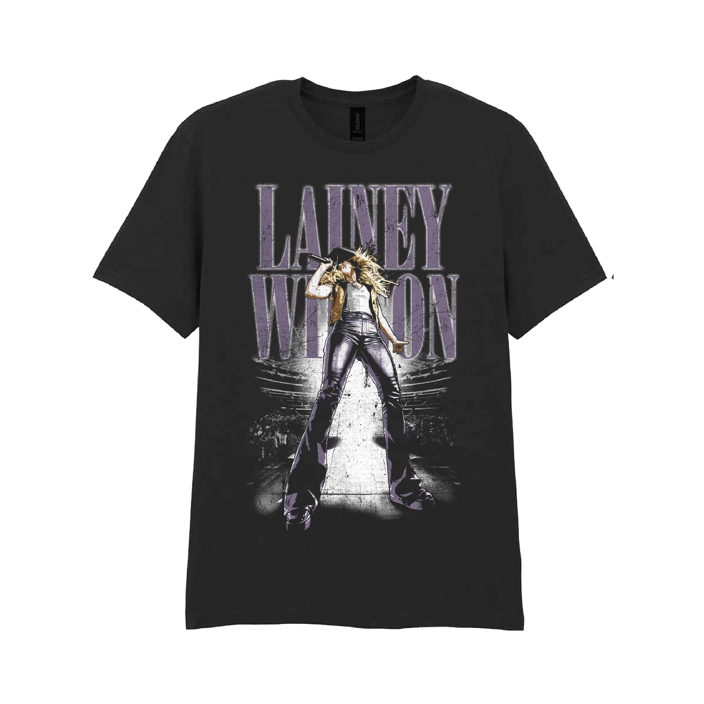 Black cotton t-shirt featuring a graphic of lainey wilson performing on stage with the text ’lainery wilson’ in stylized purple lettering above her.