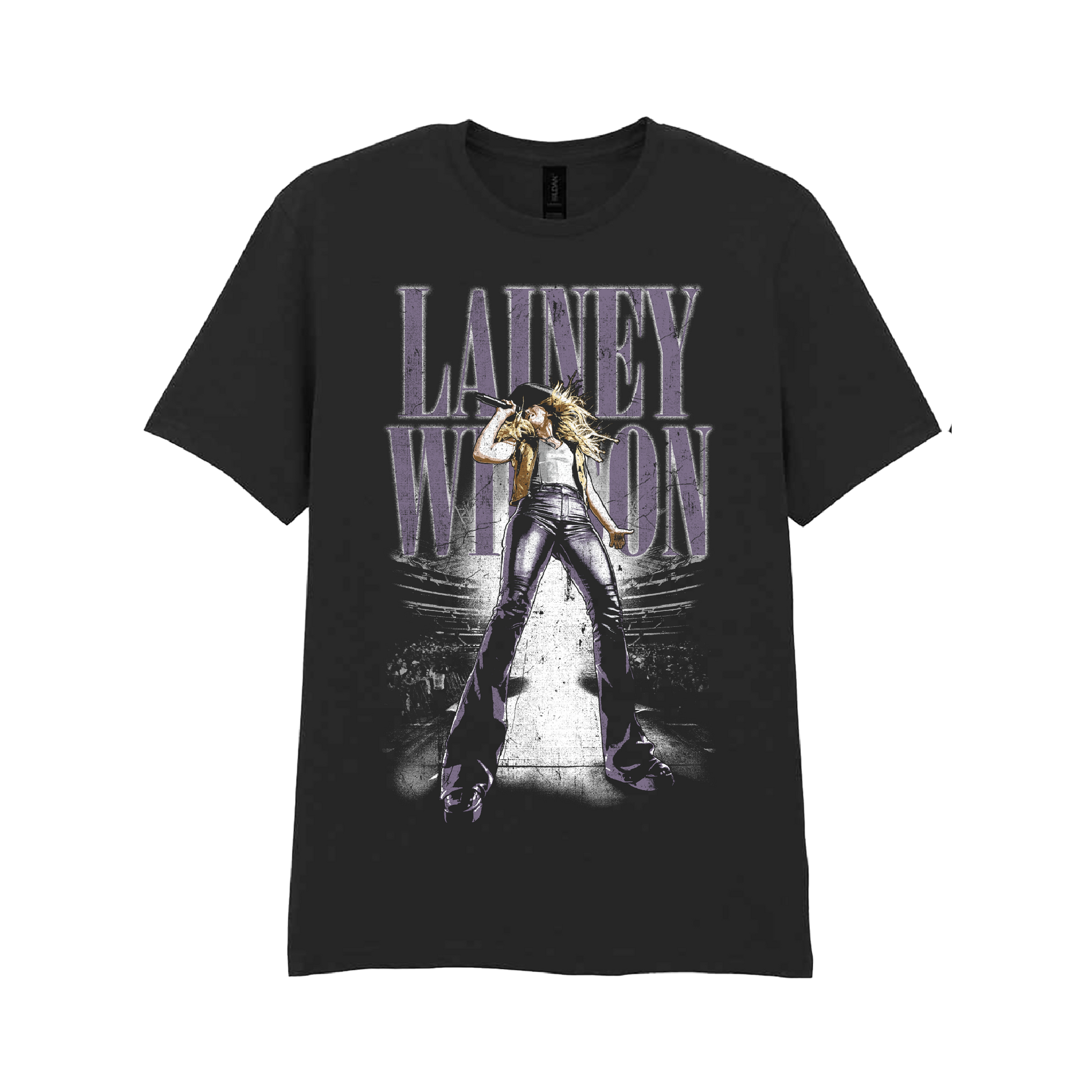 Black cotton t-shirt featuring a graphic of lainey wilson performing on stage with the text ’lainery wilson’ in stylized purple lettering above her.