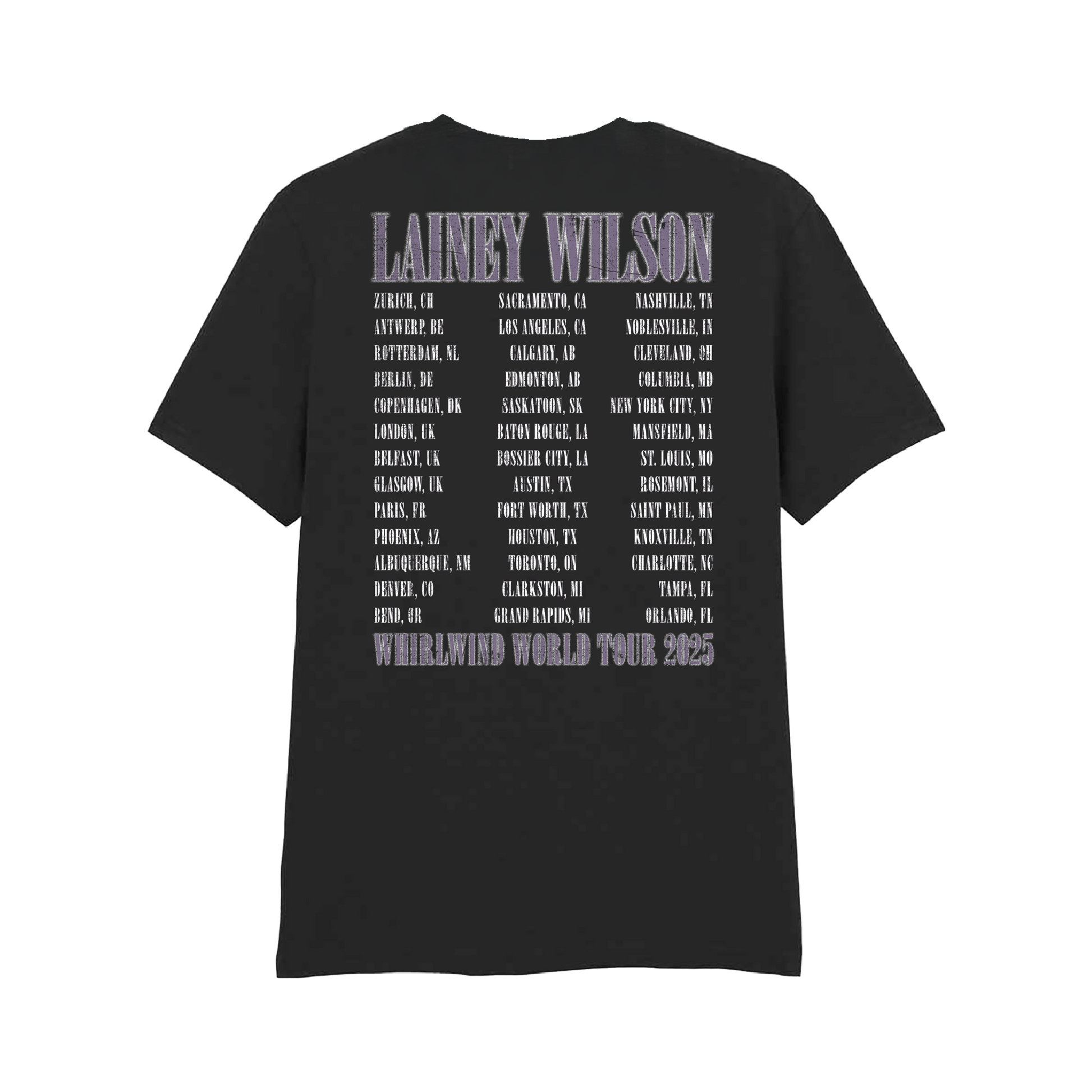 Black cotton t-shirt featuring a silver-foiled graphic of lainey wilson’s 2025 whirlwind world tour itinerary.