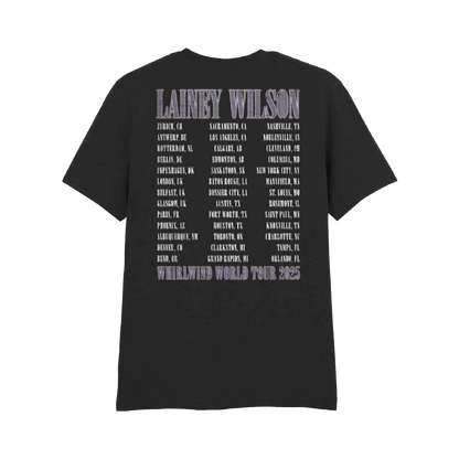 Black cotton t-shirt featuring a silver-foiled graphic of lainey wilson’s 2025 whirlwind world tour itinerary.