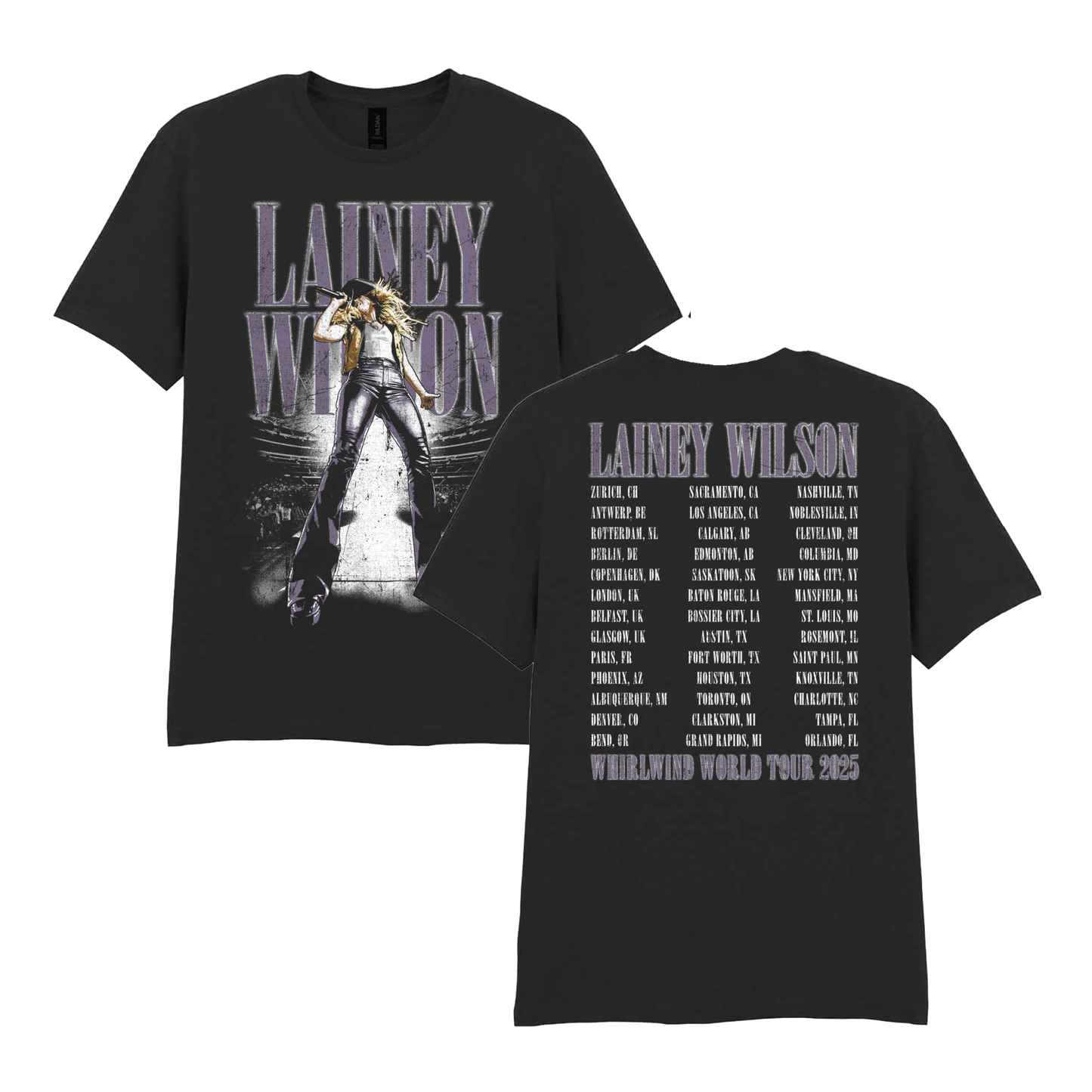 Black cotton t-shirt featuring a graphic of lainey wilson performing on stage with her name in stylized lettering above, and the full tour itinerary for the ’whirlwind world tour 2025’’ printed across the back.