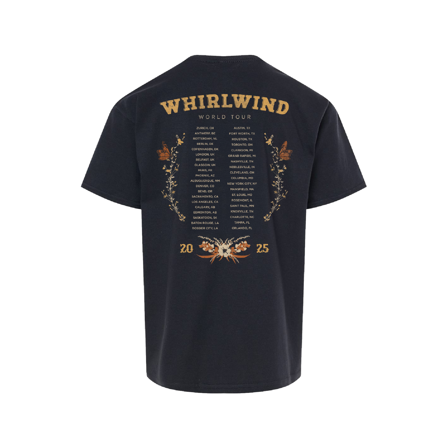 Dark navy blue t-shirt featuring a detailed gold foil print of the ’whirlwind world tour’ itinerary with floral and butterfly embellishments.