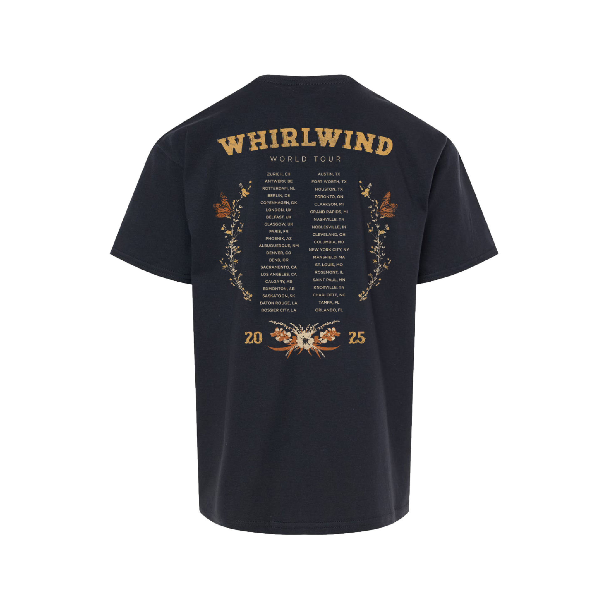 Dark navy blue t-shirt featuring a detailed gold foil print of the ’whirlwind world tour’ itinerary with floral and butterfly embellishments.