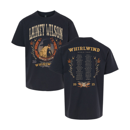 Dark navy blue cotton t-shirt featuring a vintage-style graphic of lainey wilson in a hat, with ’whirlwind world tour’ text and tour dates printed on the back.