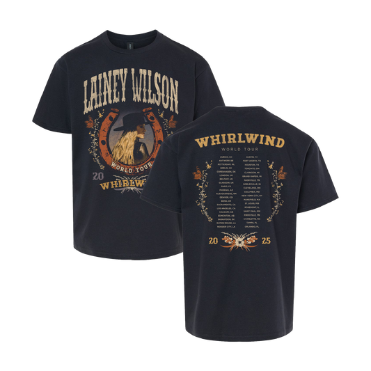 Dark navy blue cotton t-shirt featuring a vintage-style graphic of lainey wilson in a hat, with ’whirlwind world tour’ text and tour dates printed on the back.
